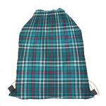 Teal Plaid Pattern Print Drawstring Bag