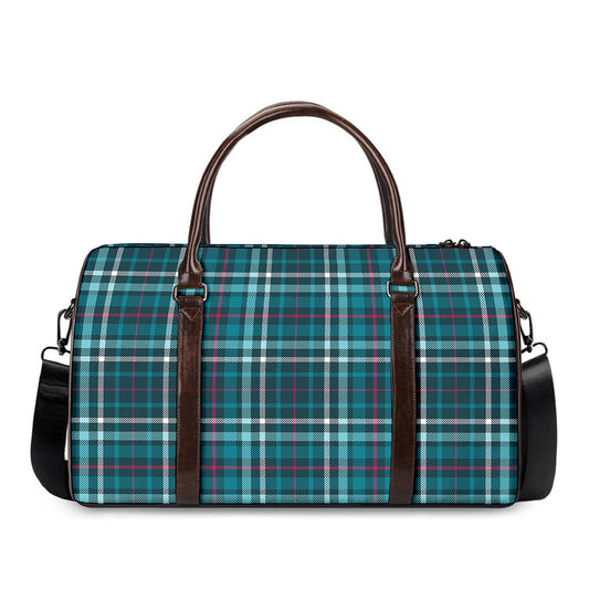 Teal Plaid Pattern Print Duffle Bag
