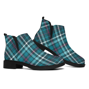 Teal Plaid Pattern Print Flat Ankle Boots