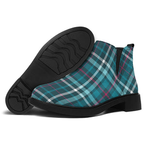 Teal Plaid Pattern Print Flat Ankle Boots