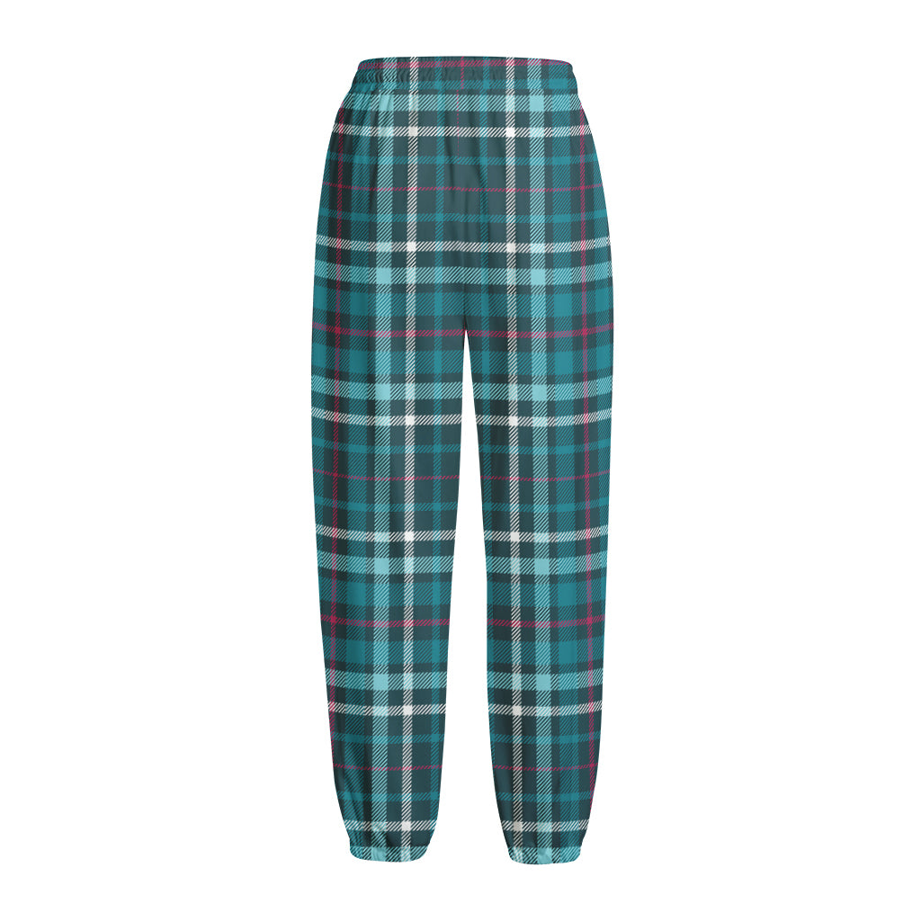 Teal Plaid Pattern Print Fleece Lined Knit Pants
