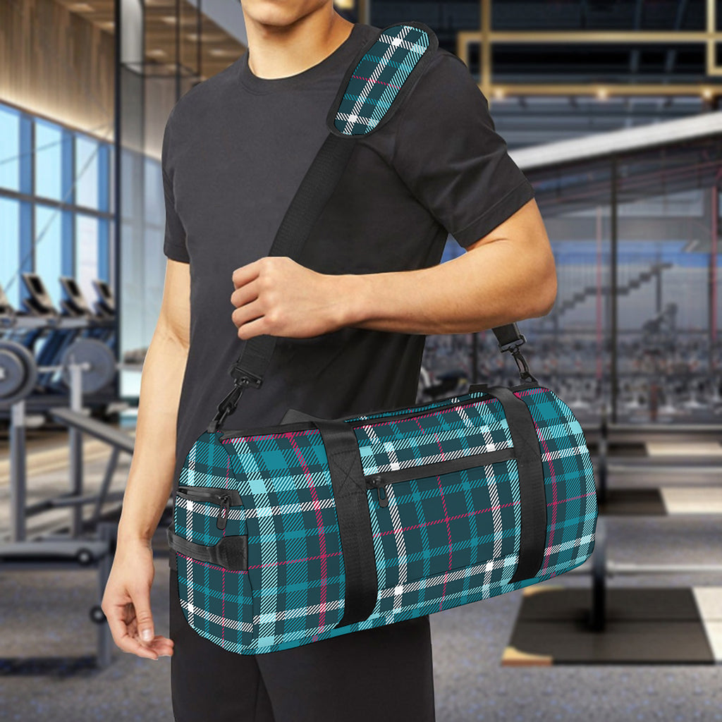 Teal Plaid Pattern Print Gym Bag