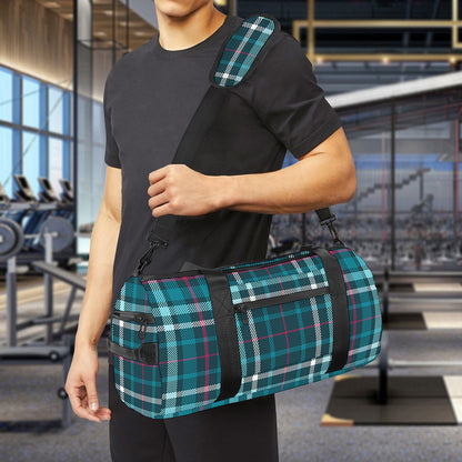 Teal Plaid Pattern Print Gym Bag