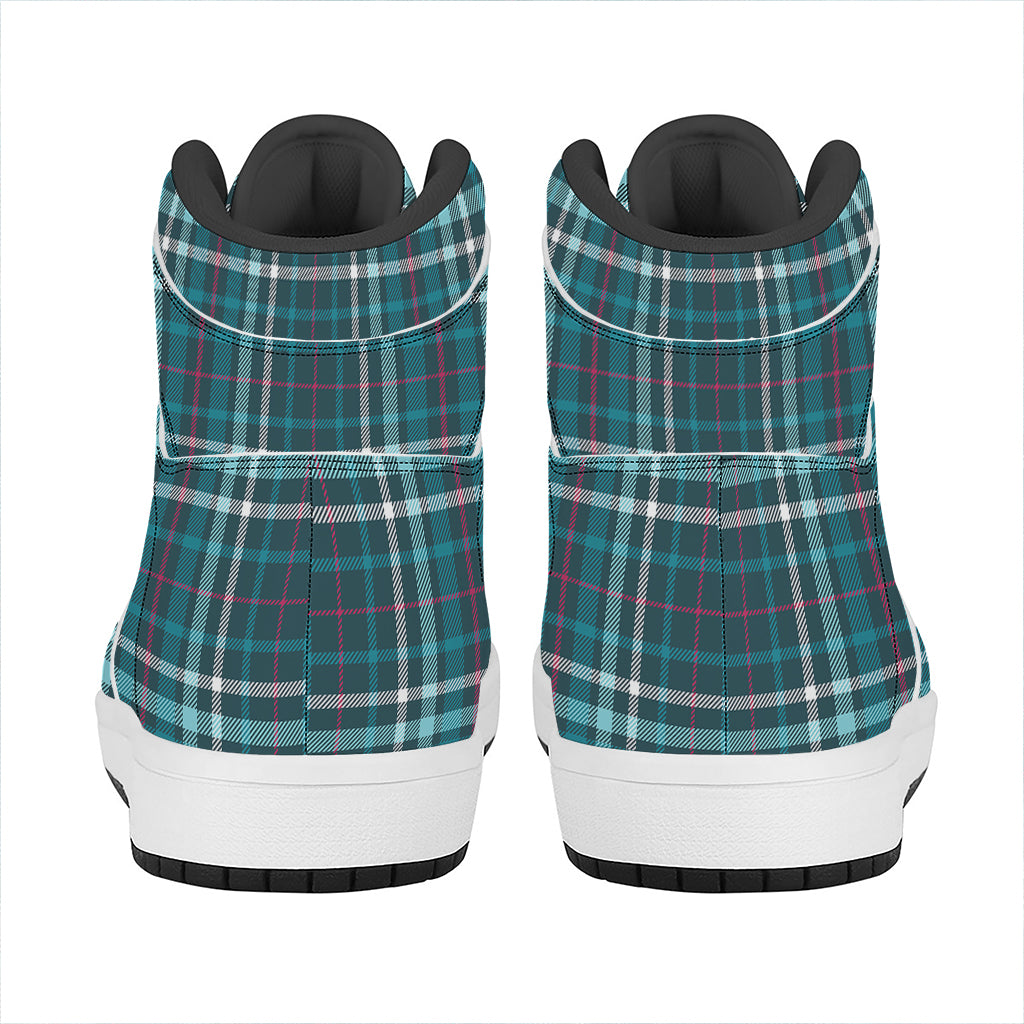 Teal Plaid Pattern Print High Top Leather Sneakers