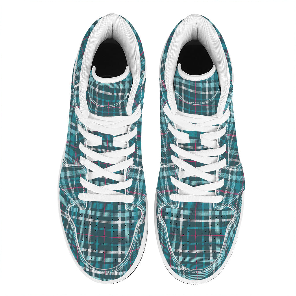 Teal Plaid Pattern Print High Top Leather Sneakers
