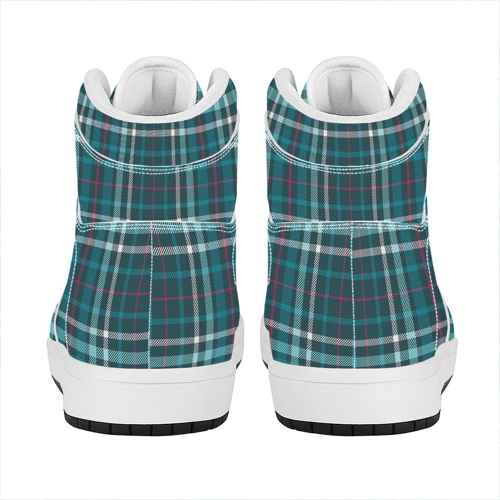 Teal Plaid Pattern Print High Top Leather Sneakers