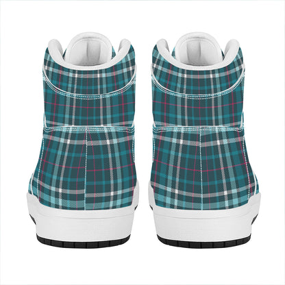 Teal Plaid Pattern Print High Top Leather Sneakers
