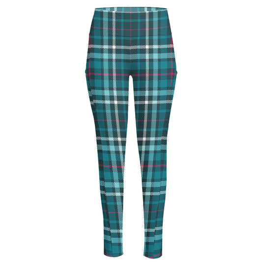 Teal Plaid Pattern Print High-Waisted Pocket Leggings
