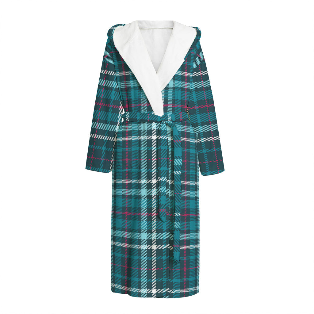 Teal Plaid Pattern Print Hooded Bathrobe