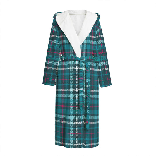 Teal Plaid Pattern Print Hooded Bathrobe