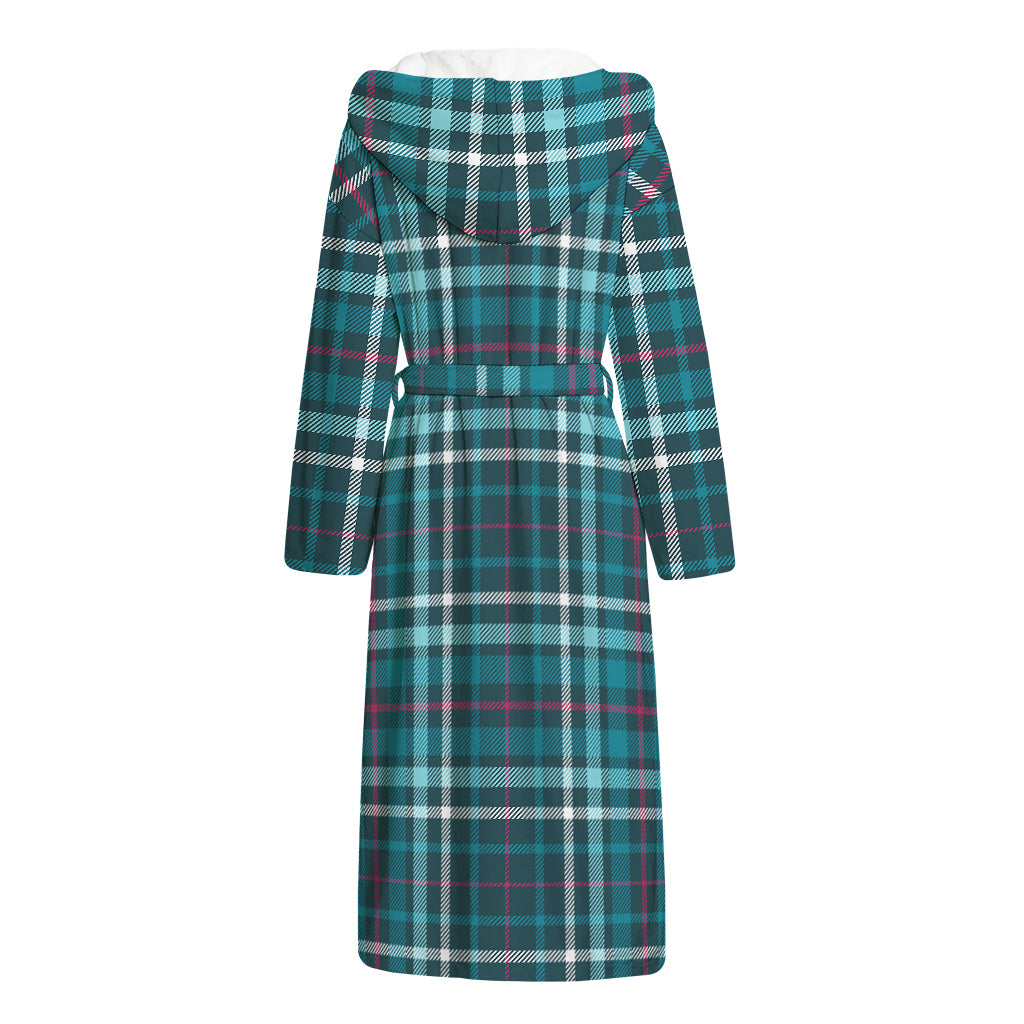 Teal Plaid Pattern Print Hooded Bathrobe