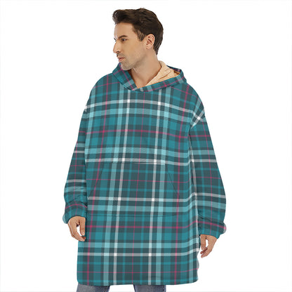 Teal Plaid Pattern Print Hoodie Blanket