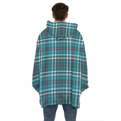 Teal Plaid Pattern Print Hoodie Blanket