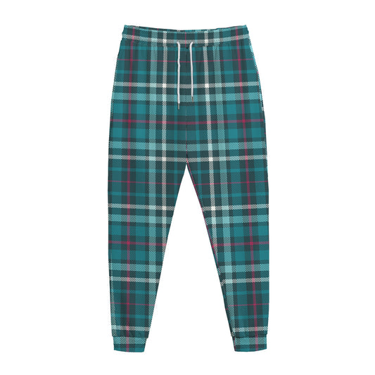 Teal Plaid Pattern Print Jogger Pants
