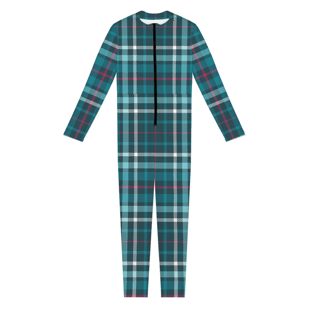 Teal Plaid Pattern Print Jumpsuit