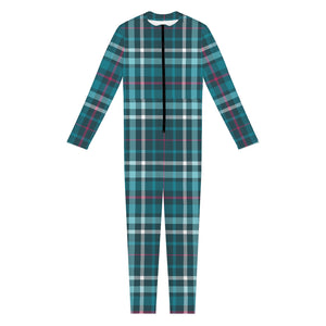 Teal Plaid Pattern Print Jumpsuit