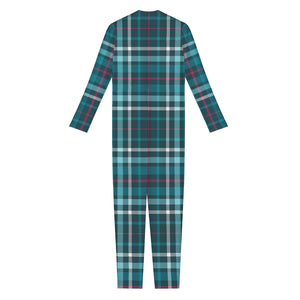 Teal Plaid Pattern Print Jumpsuit