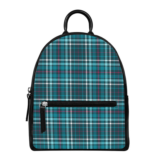 Teal Plaid Pattern Print Leather Backpack