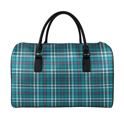 Teal Plaid Pattern Print Leather Duffle Bag