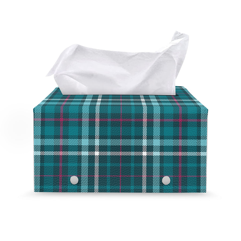 Teal Plaid Pattern Print Leather Tissue Box Cover