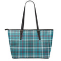 Teal Plaid Pattern Print Leather Tote Bag With Zipper