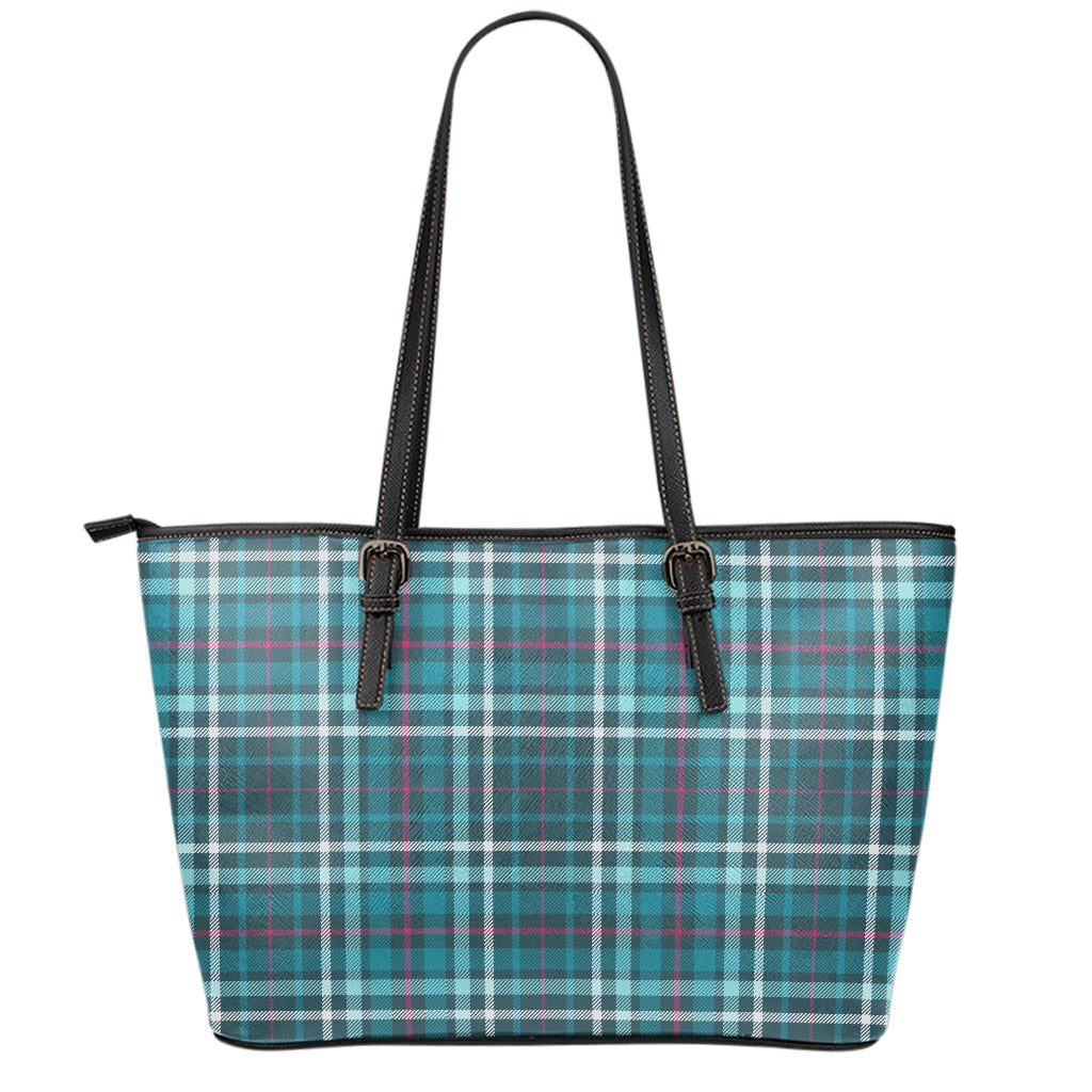 Teal Plaid Pattern Print Leather Tote Bag