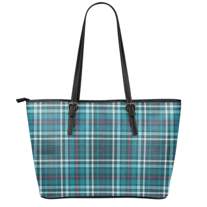 Teal Plaid Pattern Print Leather Tote Bag