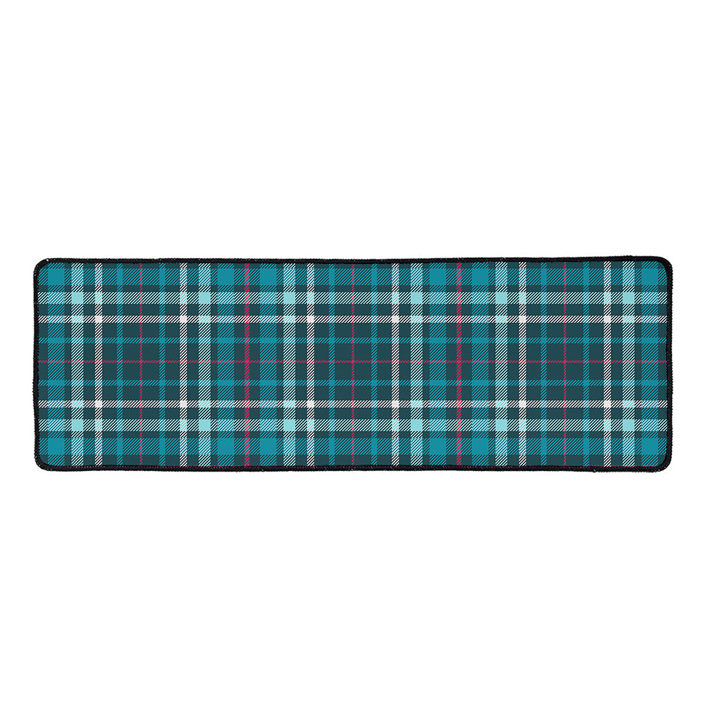 Teal Plaid Pattern Print Long Kitchen Mat