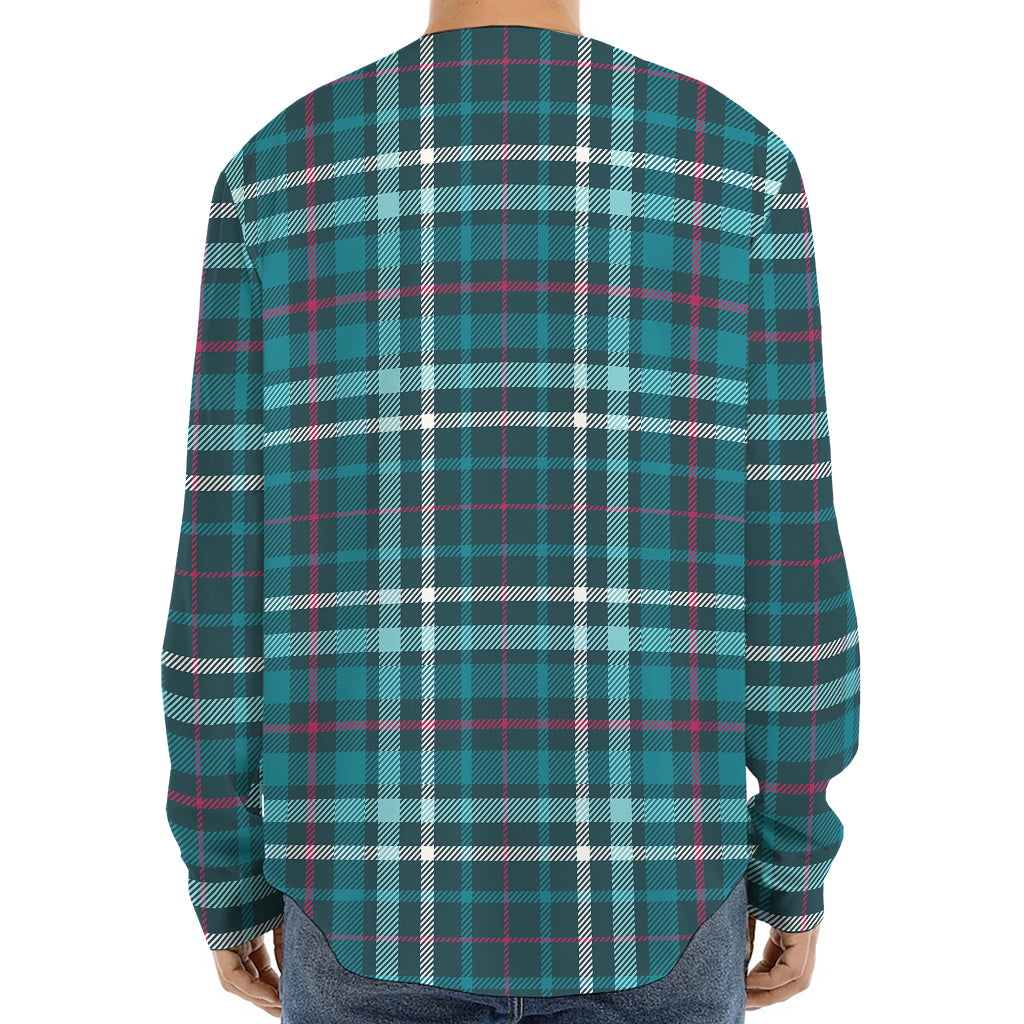 Teal Plaid Pattern Print Long Sleeve Baseball Jersey