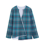 Teal Plaid Pattern Print Long Sleeve Short Coat