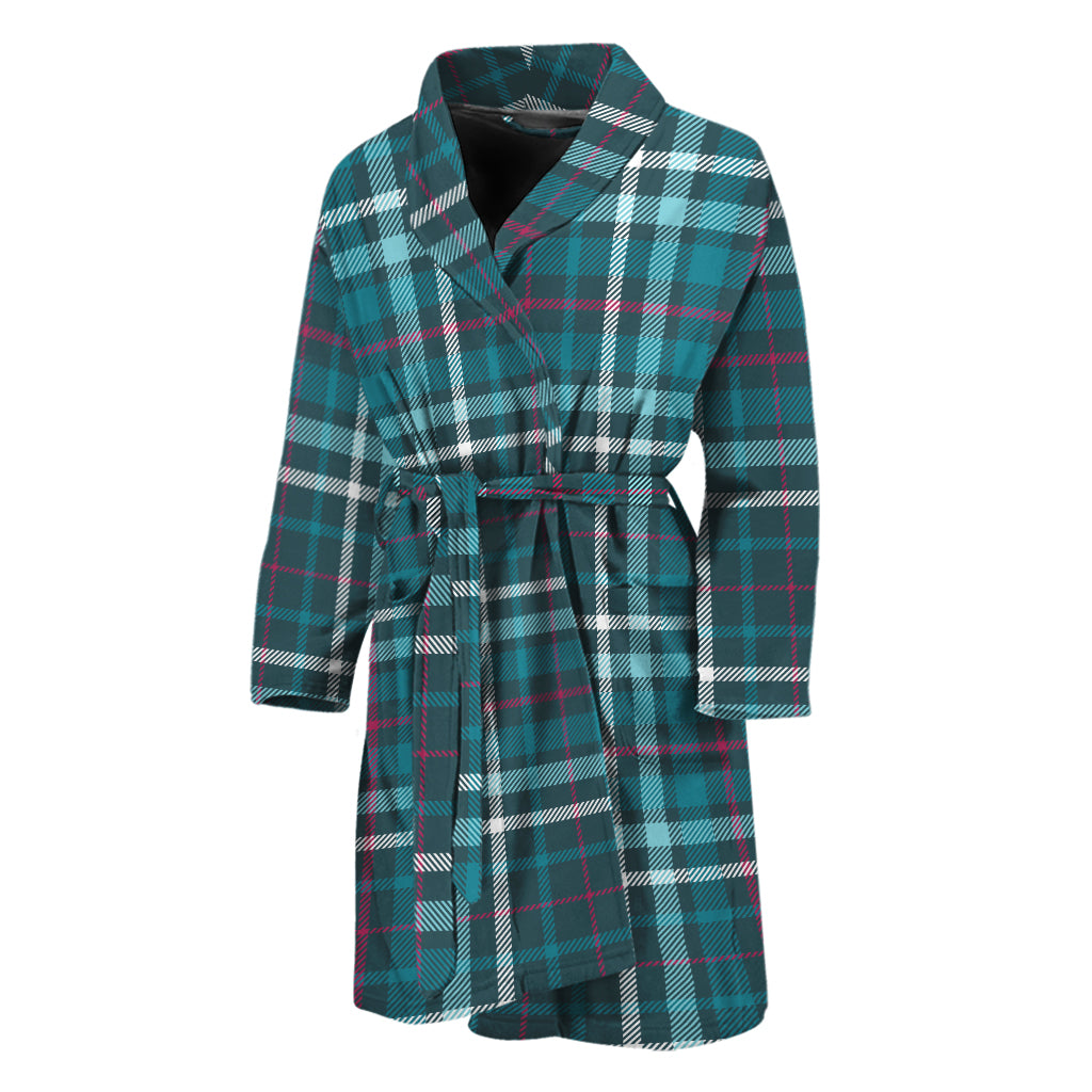 Teal Plaid Pattern Print Men's Bathrobe