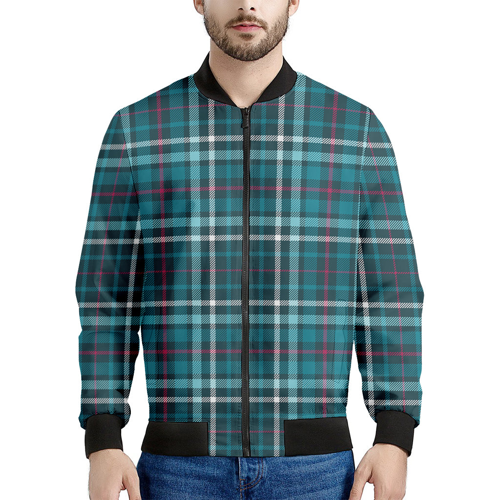Teal Plaid Pattern Print Men's Bomber Jacket