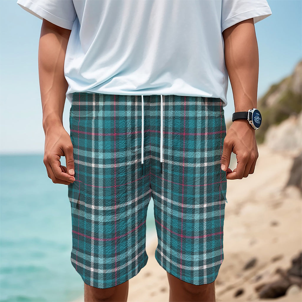 Teal Plaid Pattern Print Men's Cargo Shorts