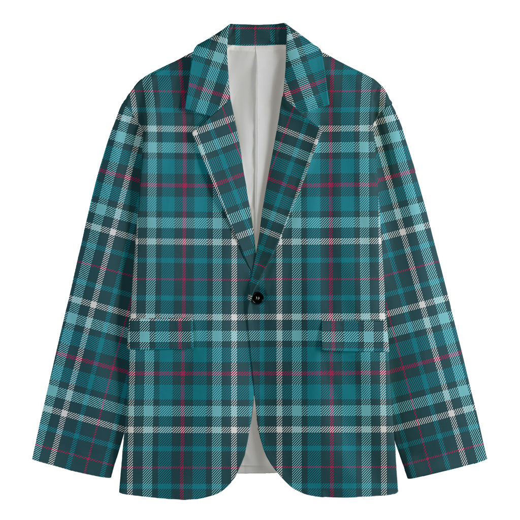 Teal Plaid Pattern Print Men's Cotton Blazer