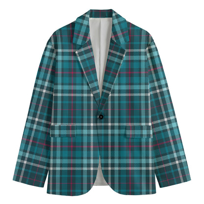Teal Plaid Pattern Print Men's Cotton Blazer