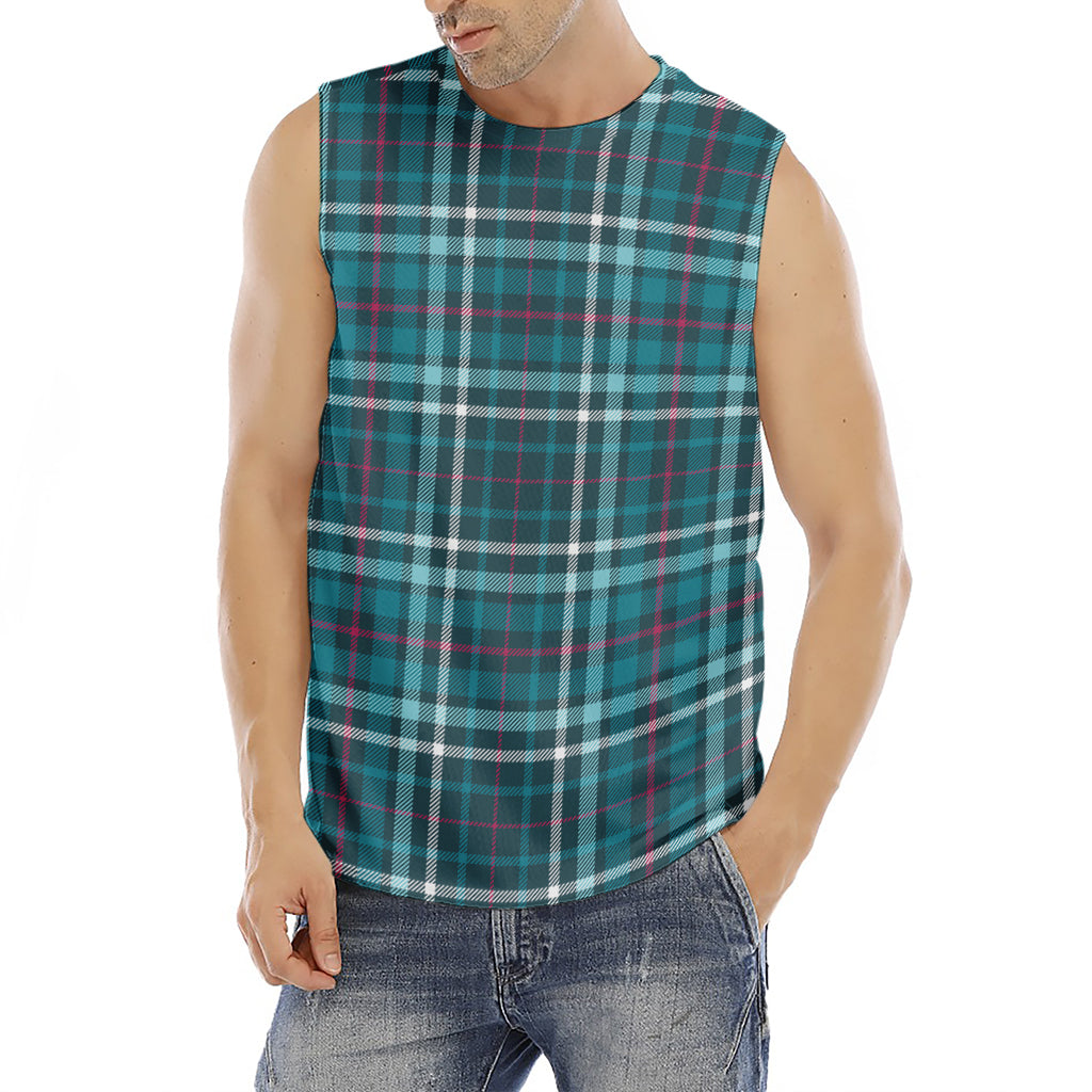 Teal Plaid Pattern Print Men's Fitness Tank Top