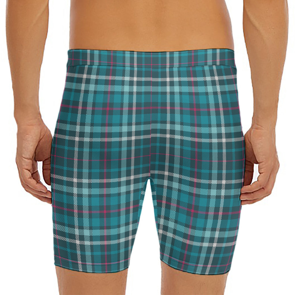 Teal Plaid Pattern Print Men's Long Boxer Briefs