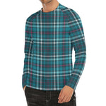 Teal Plaid Pattern Print Men's Long Sleeve Rash Guard