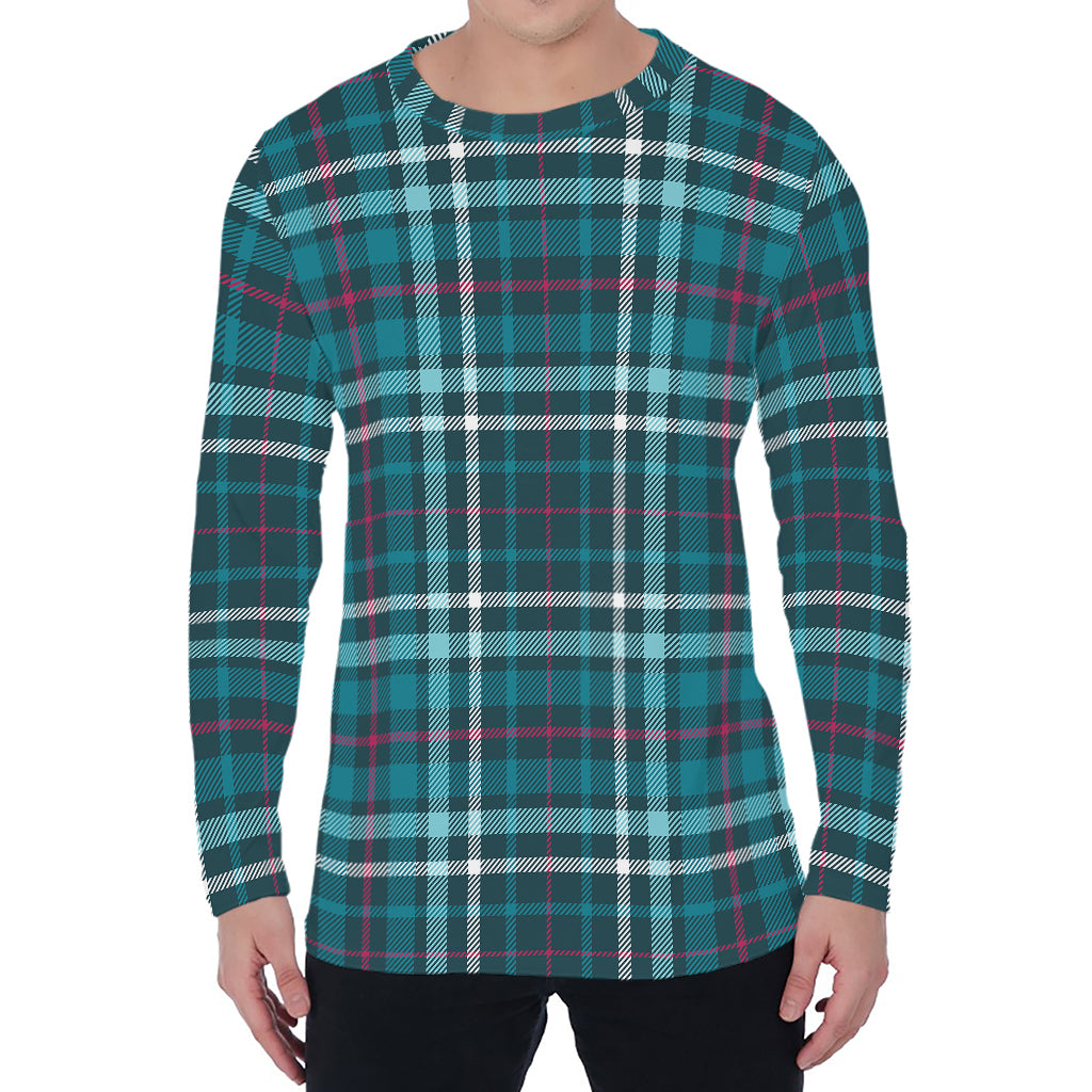 Teal Plaid Pattern Print Men's Long Sleeve T-Shirt