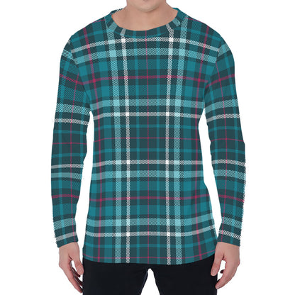 Teal Plaid Pattern Print Men's Long Sleeve T-Shirt