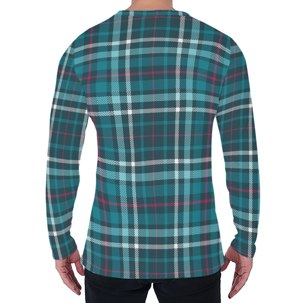 Teal Plaid Pattern Print Men's Long Sleeve T-Shirt
