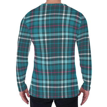 Teal Plaid Pattern Print Men's Long Sleeve T-Shirt