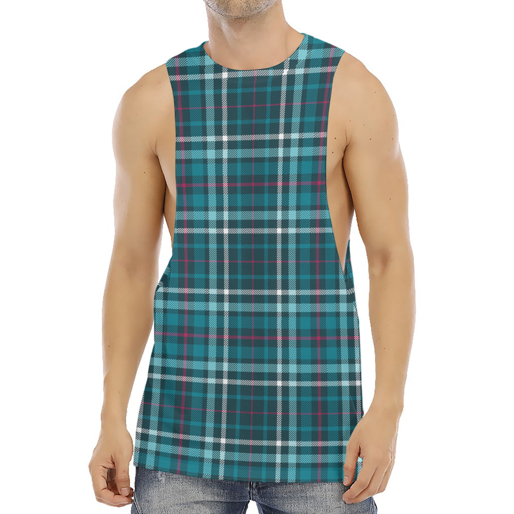 Teal Plaid Pattern Print Men's Muscle Tank Top
