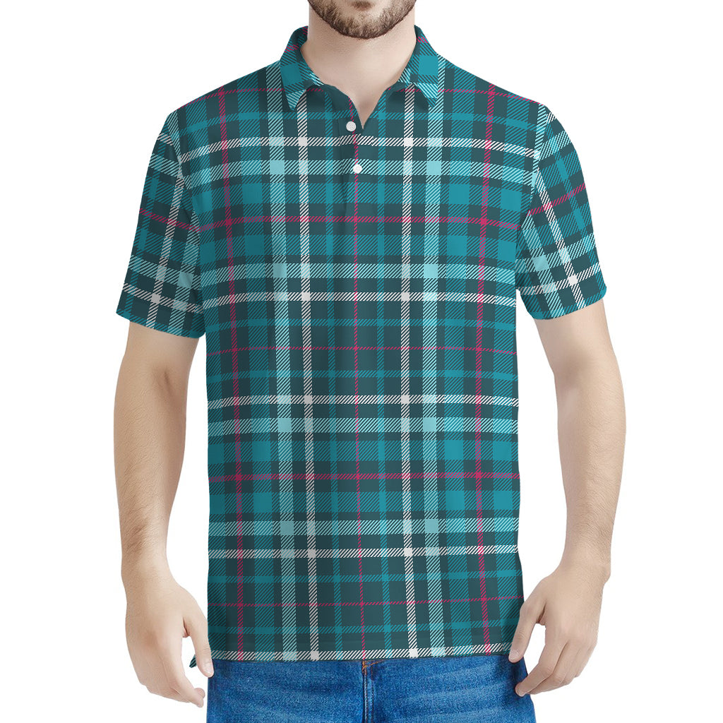 Teal Plaid Pattern Print Men's Polo Shirt