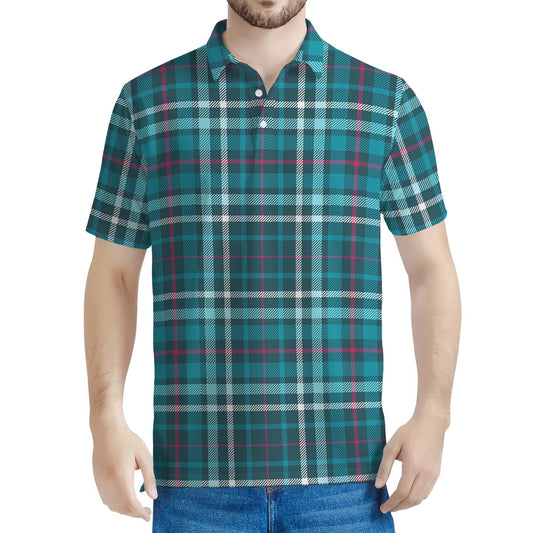 Teal Plaid Pattern Print Men's Polo Shirt