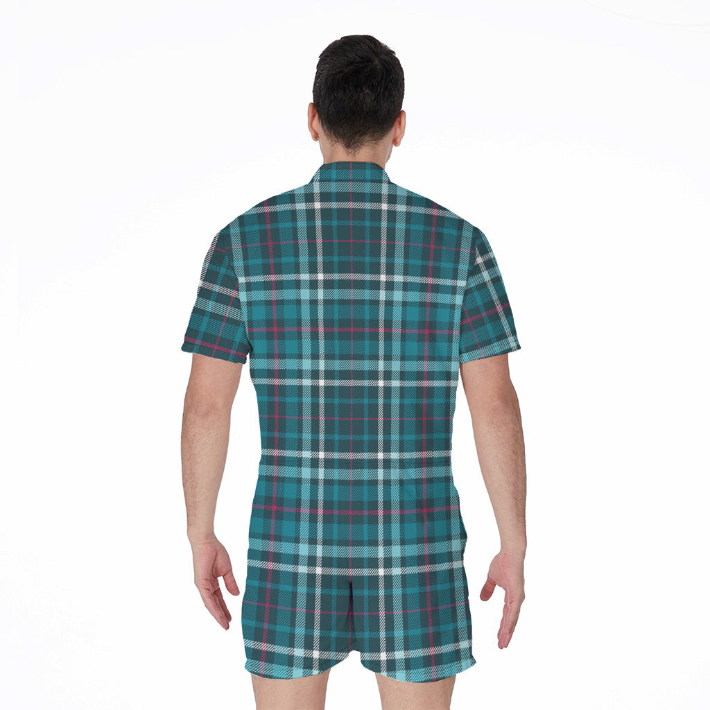 Teal Plaid Pattern Print Men's Rompers