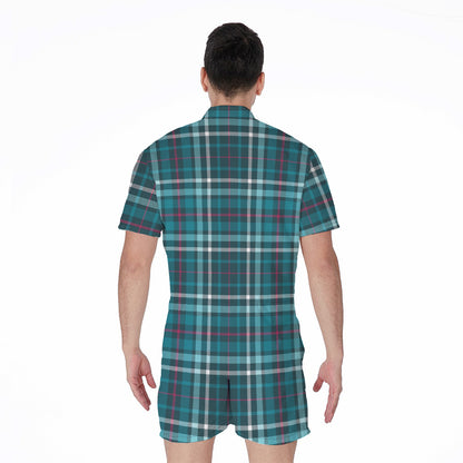 Teal Plaid Pattern Print Men's Rompers