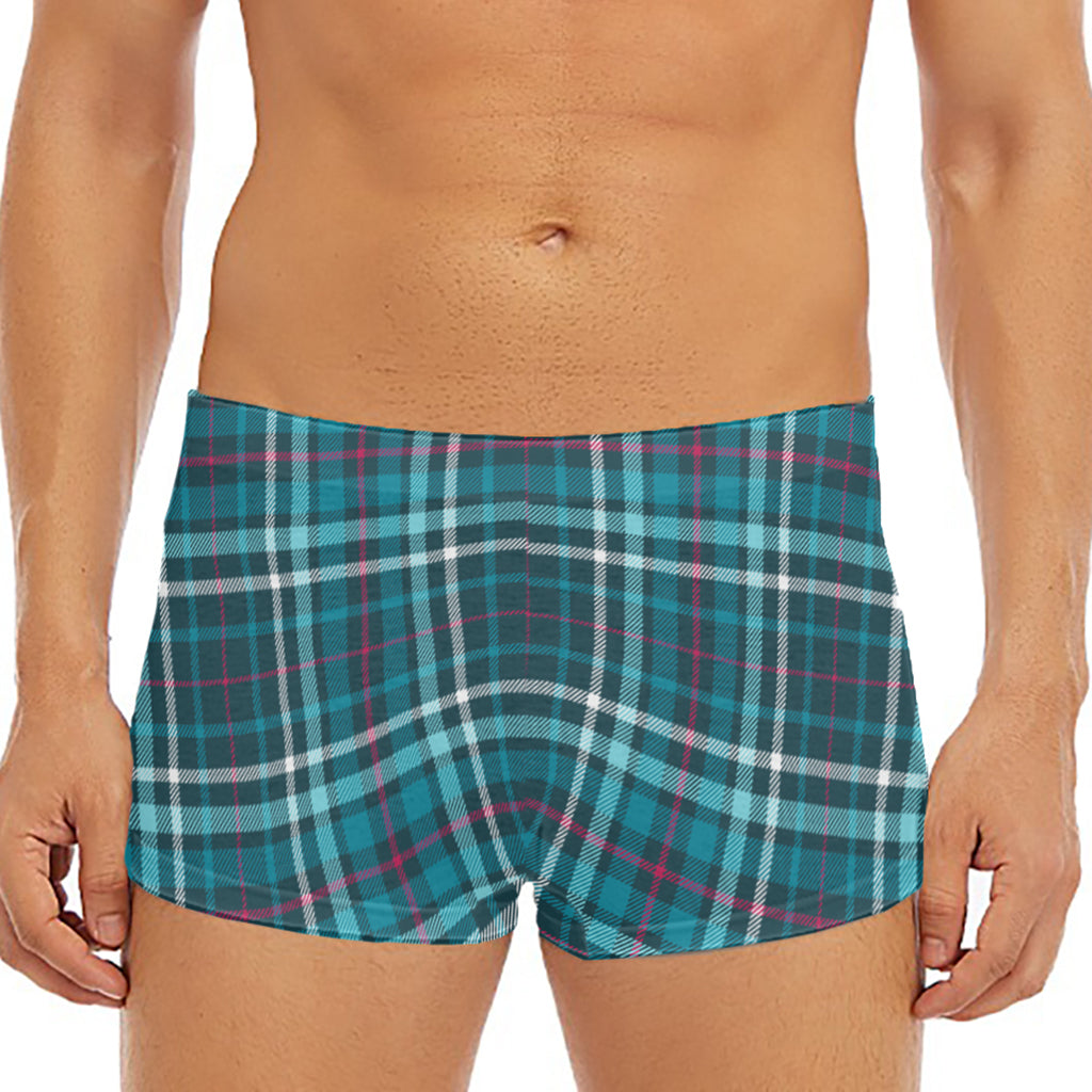 Teal Plaid Pattern Print Men's Short Boxer Briefs