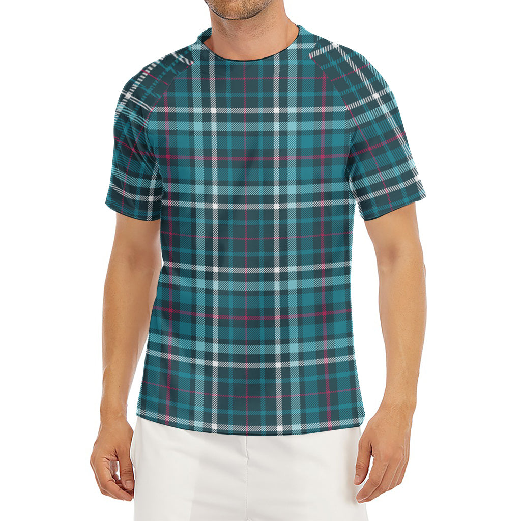 Teal Plaid Pattern Print Men's Short Sleeve Rash Guard