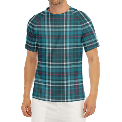 Teal Plaid Pattern Print Men's Short Sleeve Rash Guard